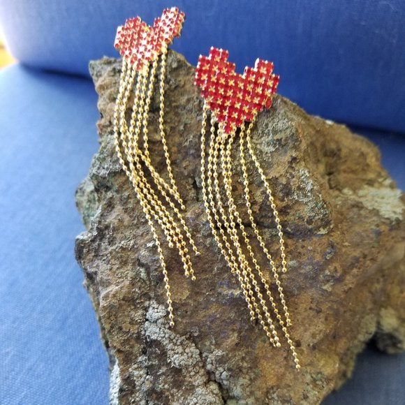 ❤️✨Push-Back Post RED STONES❤️✨HEART Dangling Tassel Earrings❤️✨ - Picture 8 of 11